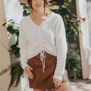 Lizard Thicket Noelle Drawstring Ruched Bust Cropped Knit Sweater Ivory